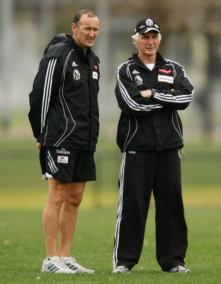 AFL 2010 Training - Collingwood 060810 David Buttifant (L) and Mick Malthouse look on during a Collingwood Magpies training session at Gosch's Paddock, Melbourne.